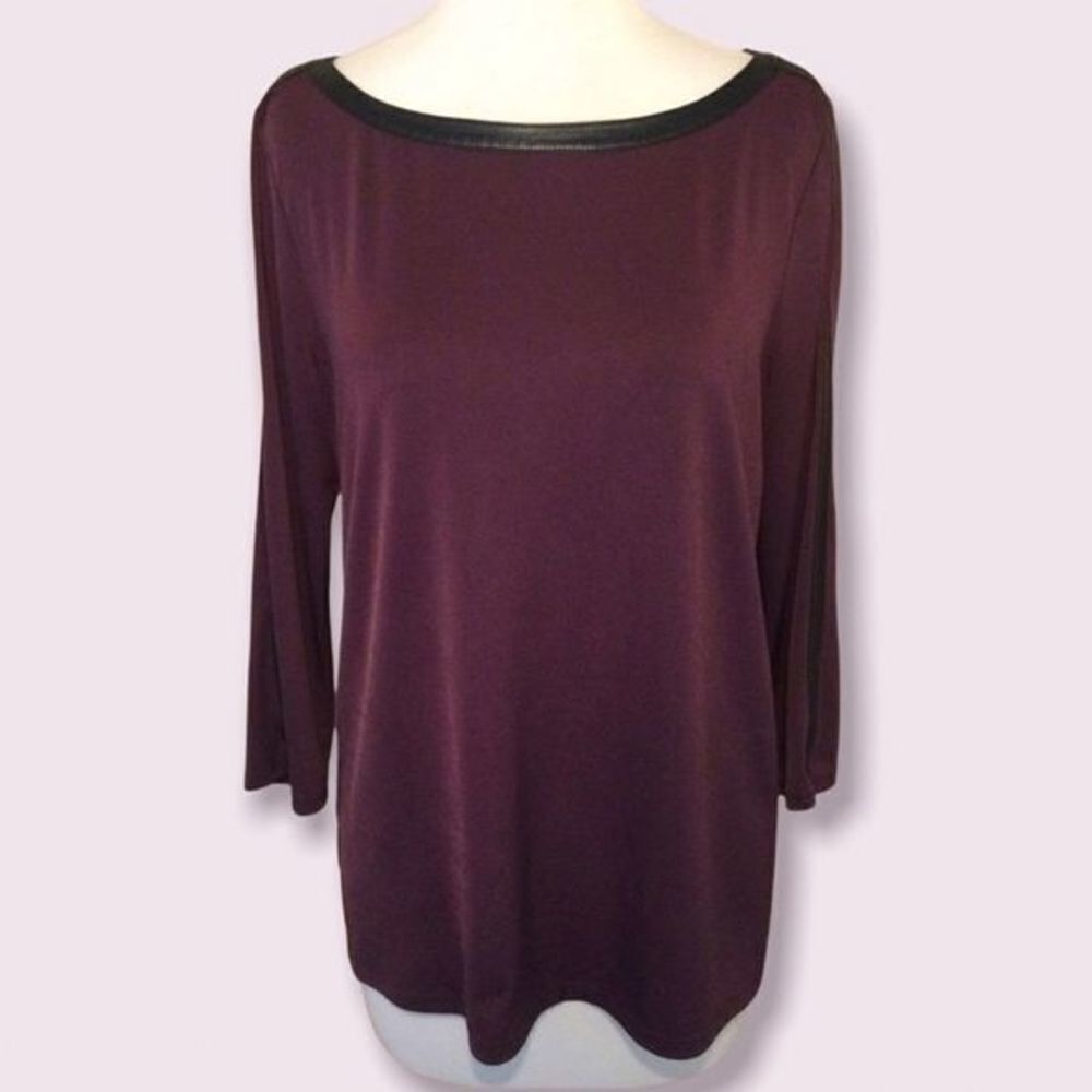 ANN Taylor Faux‎ Leather Trimmed Purple Pullover Top Tunic Med
